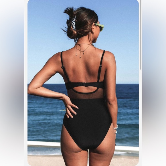 Forest Adventure Solid Mesh Wrap Front Cutout Black One Piece Swimsuit XL-1X - Picture 2 of 6